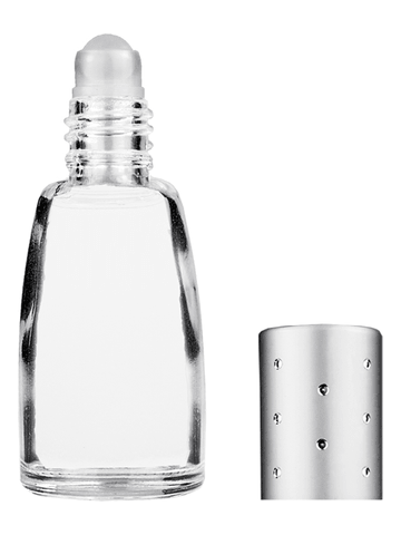 Bell design 12ml, 1/2oz Clear glass bottle with plastic roller ball plug and silver cap with dots.