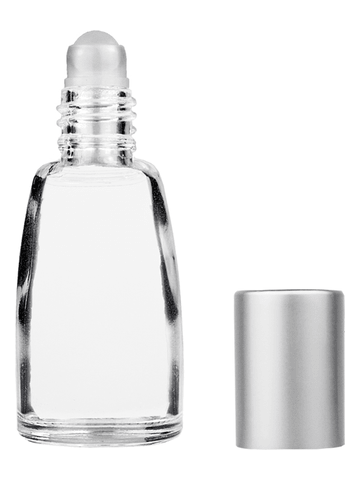 Bell design 12ml, 1/2oz Clear glass bottle with plastic roller ball plug and matte silver cap.