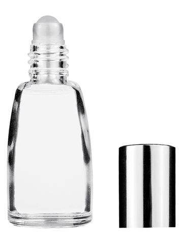 Bell design 12ml, 1/2oz Clear glass bottle with plastic roller ball plug and shiny silver cap.
