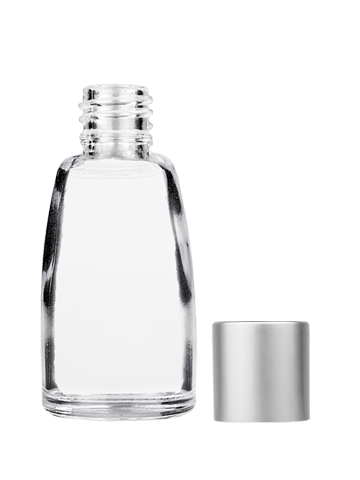 Empty Clear glass bottle with short matte silver cap capacity: 12ml, 1/2oz. For use with perfume or fragrance oil, essential oils, aromatic oils and aromatherapy.