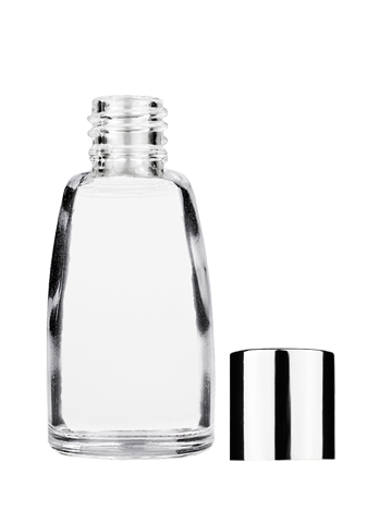 Empty Clear glass bottle with short shiny silver cap capacity: 12ml, 1/2oz. For use with perfume or fragrance oil, essential oils, aromatic oils and aromatherapy.