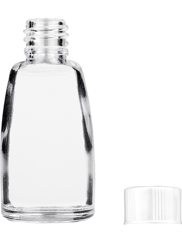 Bell design 12ml, 1/2oz Clear glass bottle with short white cap.