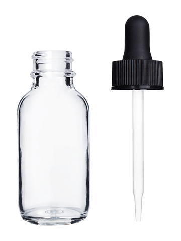 Boston round design 30ml, 1oz Clear glass bottle with black dropper.