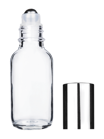 Boston round design 30ml, 1oz Clear glass bottle with metal roller plug and shiny silver cap.