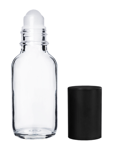 Boston round design 30ml, 1oz Clear glass bottle with plastic roller ball plug and matte black cap.
