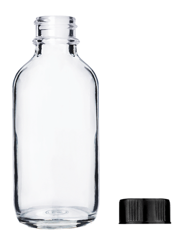 Boston round design 60ml, 2oz Clear glass bottle with short black cap.