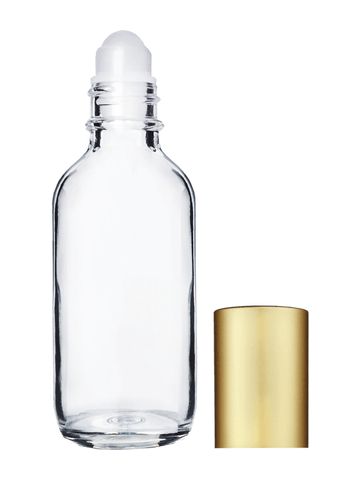 Boston round design 60ml, 2oz Clear glass bottle with plastic roller ball plug and matte gold cap.