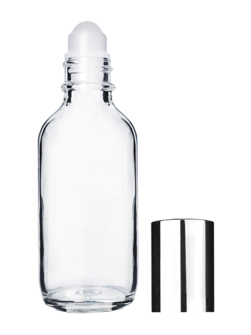 Boston round design 60ml, 2oz Clear glass bottle with plastic roller ball plug and shiny silver cap.