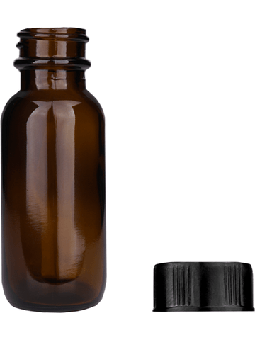 Boston round design 15ml, 1/2 oz  Amber glass bottle with short black cap.