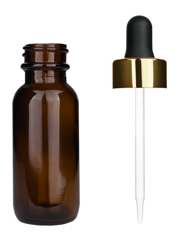 Boston round design 15ml, 1/2 oz  Amber glass bottle with black dropper with a shiny gold trim cap.