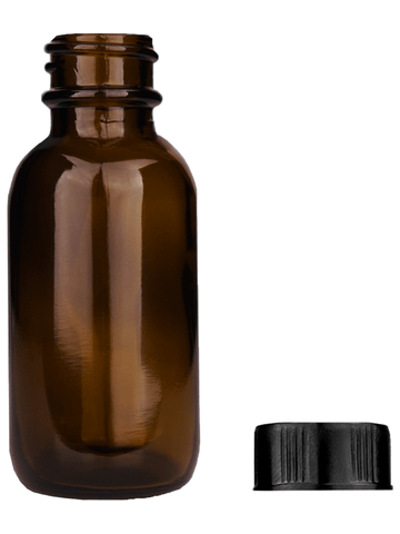 Boston round design 30ml, 1oz Amber glass bottle with short black cap.