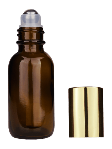 Boston round design 30ml, 1oz Amber glass bottle with metal roller plug and shiny gold cap.