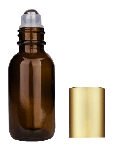 Boston round design 30ml, 1oz Amber glass bottle with metal roller plug and matte gold cap.