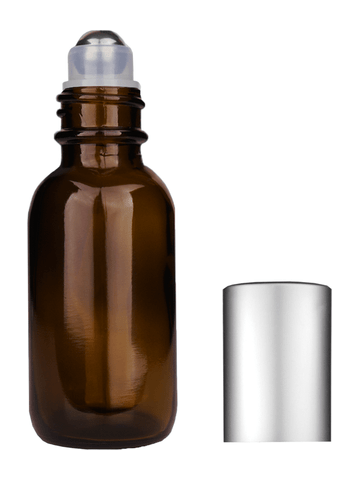 Boston round design 30ml, 1oz Amber glass bottle with metal roller plug and matte silver cap.
