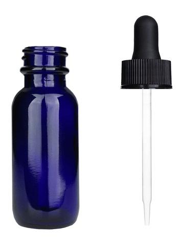Boston round design 15ml, 1/2 oz  Cobalt blue glass bottle with a black dropper.