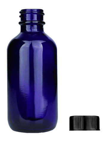 Boston round design 60ml, 2oz Cobalt blue glass bottle with short black cap.