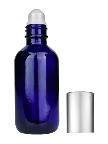 Boston round design 60ml, 2oz Cobalt blue glass bottle with plastic roller ball plug and matte silver cap.