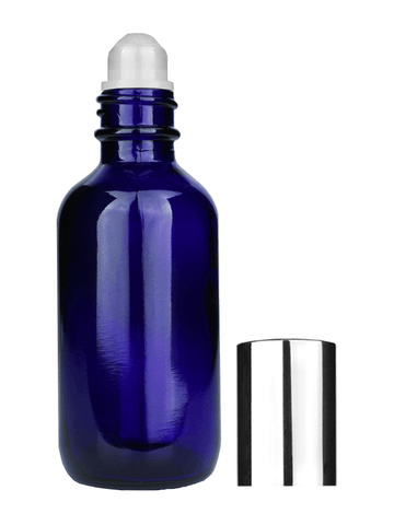 Boston round design 60ml, 2oz Cobalt blue glass bottle with plastic roller ball plug and shiny silver cap.