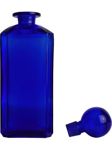 Rectangular blue glass bottle with glass stopper. Capacity: 12oz (336ml)