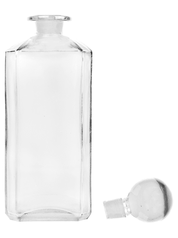 Rectangular clear glass bottle with glass stopper. Capacity: 12oz (336ml)