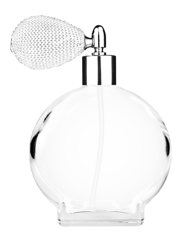 Circle design 100 ml, 3 1/2oz  clear glass bottle  with white vintage style bulb sprayer with shiny silver collar cap.