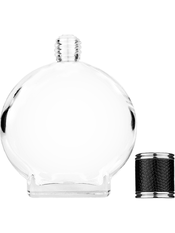 Circle design 100 ml, 3 1/2oz  clear glass bottle  with reducer and black faux leather cap.