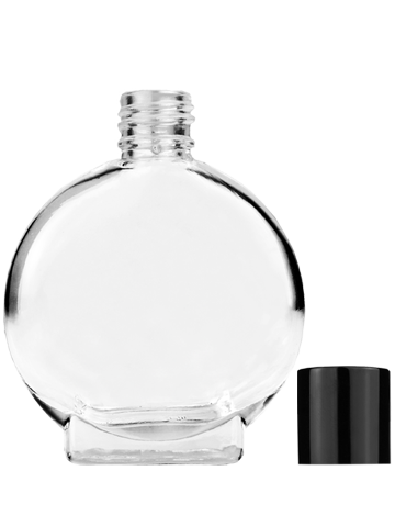 Empty Clear glass bottle with short shiny black cap capacity: 15ml, 1/2oz. For use with perfume or fragrance oil, essential oils, aromatic oils and aromatherapy.