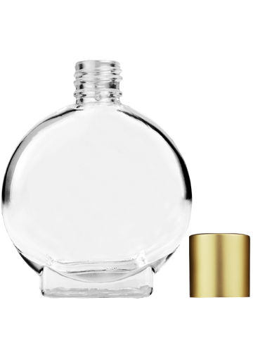 Empty Clear glass bottle with short matte gold cap capacity: 15ml, 1/2oz. For use with perfume or fragrance oil, essential oils, aromatic oils and aromatherapy.