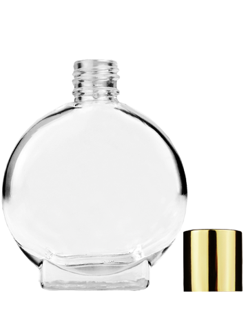 Empty Clear glass bottle with short shiny gold cap capacity: 15ml, 1/2oz. For use with perfume or fragrance oil, essential oils, aromatic oils and aromatherapy.