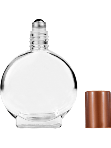 Circle design 15ml, 1/2oz Clear glass bottle with metal roller ball plug and matte copper cap.