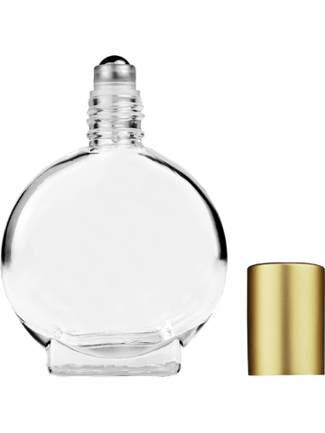 Circle design 15ml, 1/2oz Clear glass bottle with metal roller ball plug and matte gold cap.