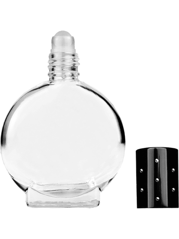 Circle design 15ml, 1/2oz Clear glass bottle with plastic roller ball plug and black shiny cap with dots.