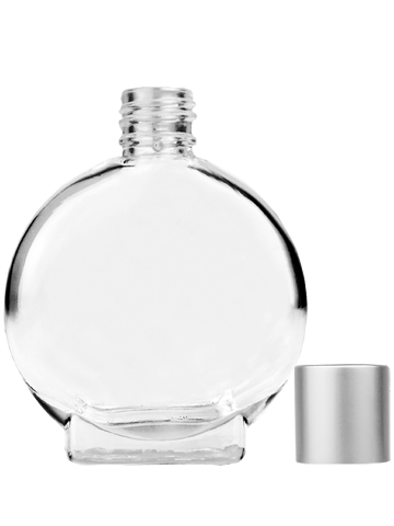 Empty Clear glass bottle with short matte silver cap capacity: 15ml, 1/2oz. For use with perfume or fragrance oil, essential oils, aromatic oils and aromatherapy.
