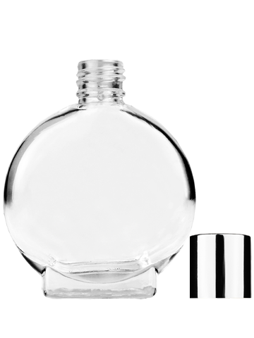 Empty Clear glass bottle with short shiny silver cap capacity: 15ml, 1/2oz. For use with perfume or fragrance oil, essential oils, aromatic oils and aromatherapy.