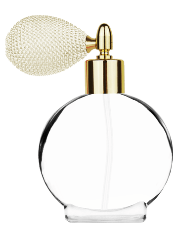 Circle design 50 ml, 1.7oz  clear glass bottle  with ivory vintage style bulb sprayer with shiny gold collar cap.