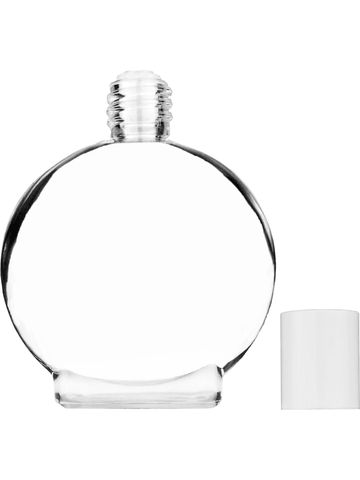 Circle design 50 ml, 1.7oz  clear glass bottle  with reducer and white cap.