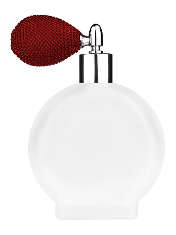 Circle design 100 ml, 3 1/2oz frosted glass bottle with red vintage style bulb sprayer with shiny silver collar cap.