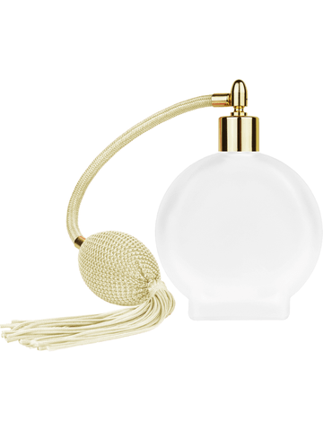 Circle design 100 ml, 3 1/2oz frosted glass bottle with Ivory vintage style bulb sprayer with tassel and shiny gold collar cap.