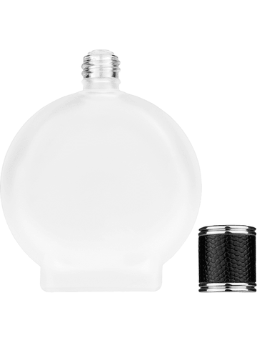 Circle design 100 ml, 3 1/2oz frosted glass bottle with reducer and black faux leather cap.