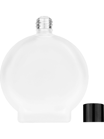 Circle design 100 ml, 3 1/2oz frosted glass bottle with reducer and black shiny cap.