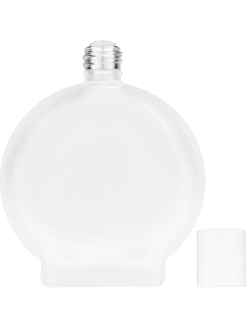Circle design 100 ml, 3 1/2oz frosted glass bottle with reducer and white cap.