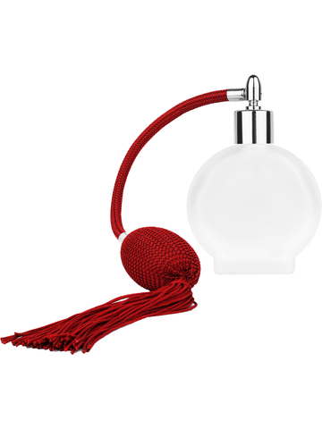 Circle design 50 ml, 1.7oz  frosted glass bottle with  Red vintage style bulb sprayer with tasseland shiny silver collar cap.