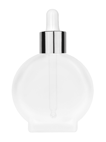 Circle design 50 ml, 1.7oz  frosted glass bottle with  white dropper with shiny silver collar cap.