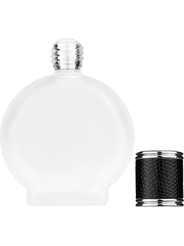 Circle design 50 ml, 1.7oz  frosted glass bottle with  reducer and black faux leather cap.