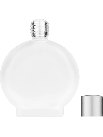 Circle design 50 ml, 1.7oz  frosted glass bottle with  reducer and tall silver matte cap.