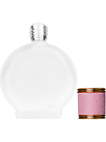 Circle design 50 ml, 1.7oz  frosted glass bottle with  reducer and pink faux leather cap.