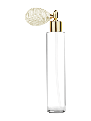Cylinder design 100 ml, 3 1/2oz  clear glass bottle  with ivory vintage style bulb sprayer with shiny gold collar cap.