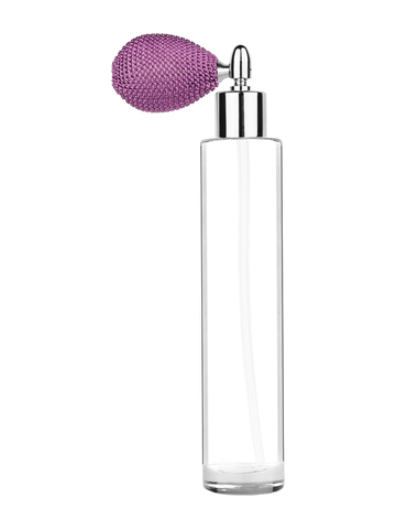 Cylinder design 100 ml, 3 1/2oz  clear glass bottle  with lavender vintage style bulb sprayer with shiny silver collar cap.