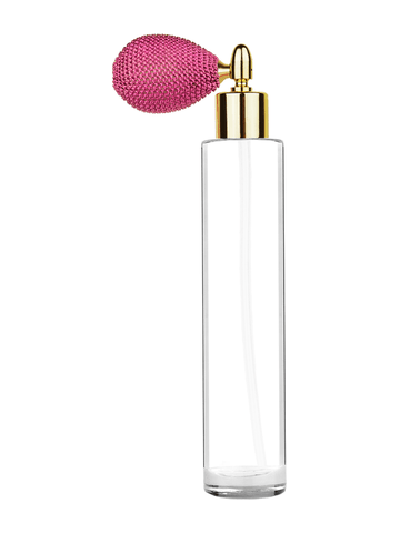 ***OUT OF STOCK***Cylinder design 100 ml, 3 1/2oz  clear glass bottle  with pink vintage style bulb sprayer with shiny gold collar cap.