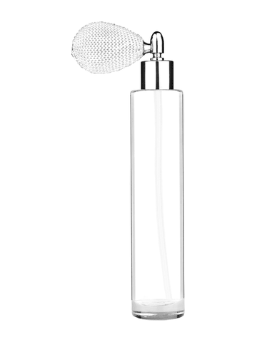 Cylinder design 100 ml, 3 1/2oz  clear glass bottle  with white vintage style bulb sprayer with shiny silver collar cap.